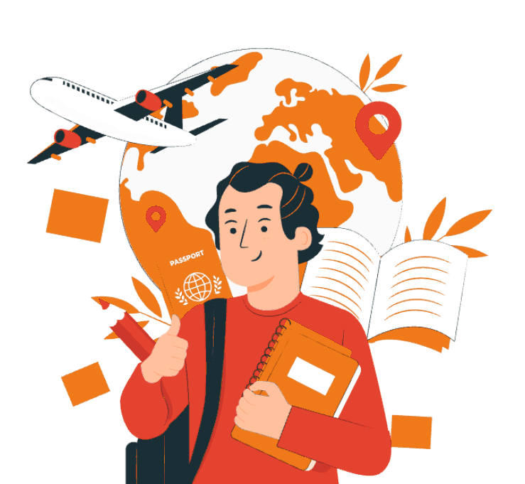 A smiling student holding a passport and notebooks in front of a globe, with a plane flying past